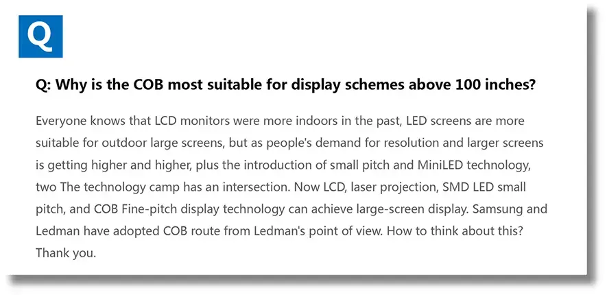 Why is the COB most suitable for display schemes above 100 inches?