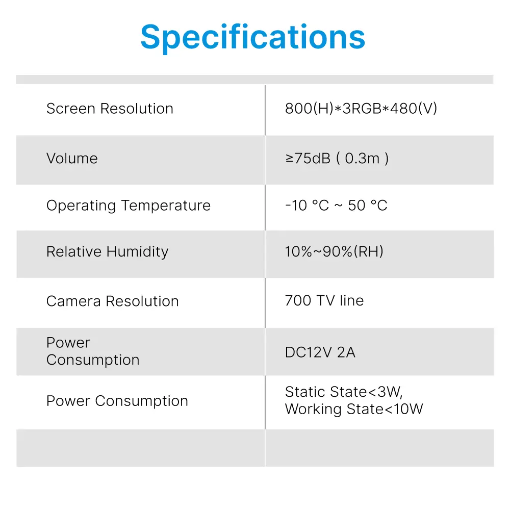  ●Model # RL-H07NPF ●Tuya remote control from smart phone. ●Easy 4 wires connection, DIY. ●7 inch TFT screen, 800*480 resolution. ●Touch button monitor, white and black colors for option. ●Receive video call and intercom via monitor. _14