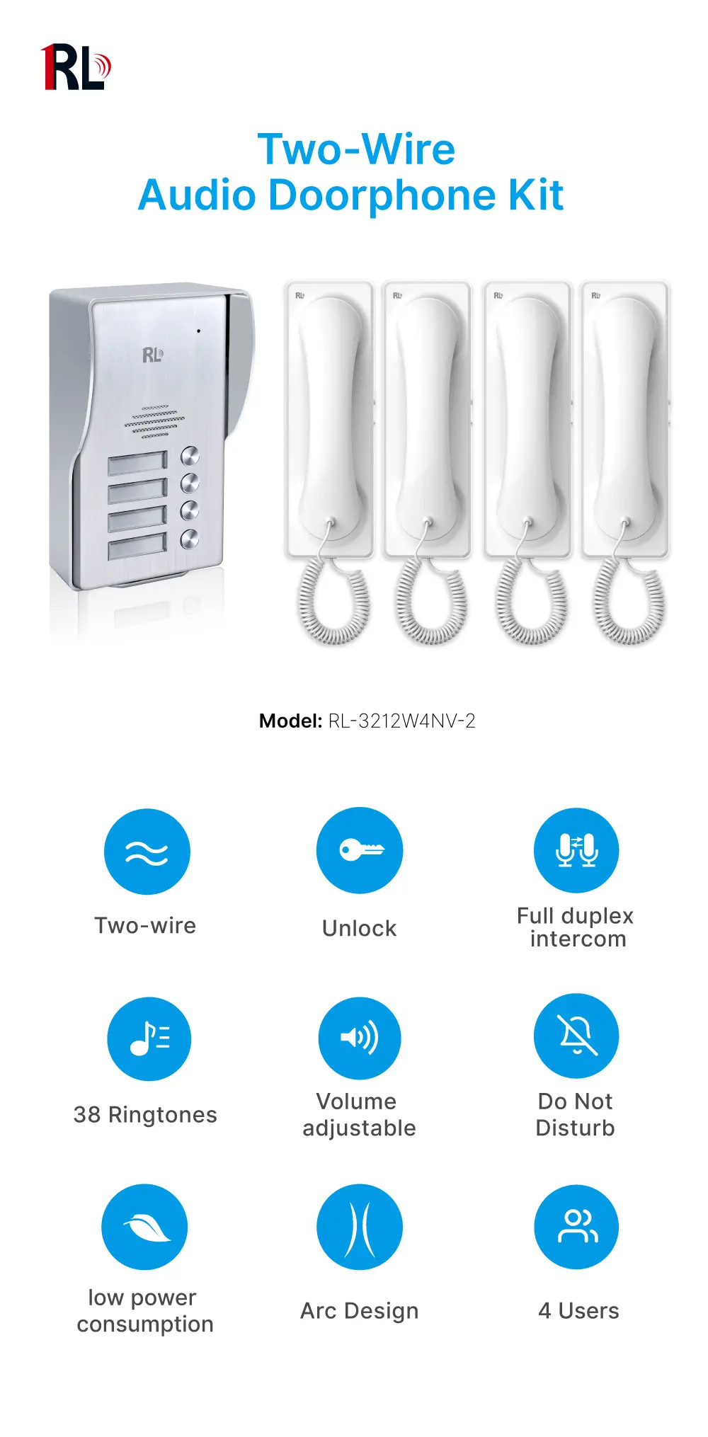  Model #RL-3212W4NV-2 ●2 wires connection ●Flush mounted installation outdoor unit ●Metal panel outdoor unit with name plate and backlight ●Adopt high quality circuit for clear intercom voice _01