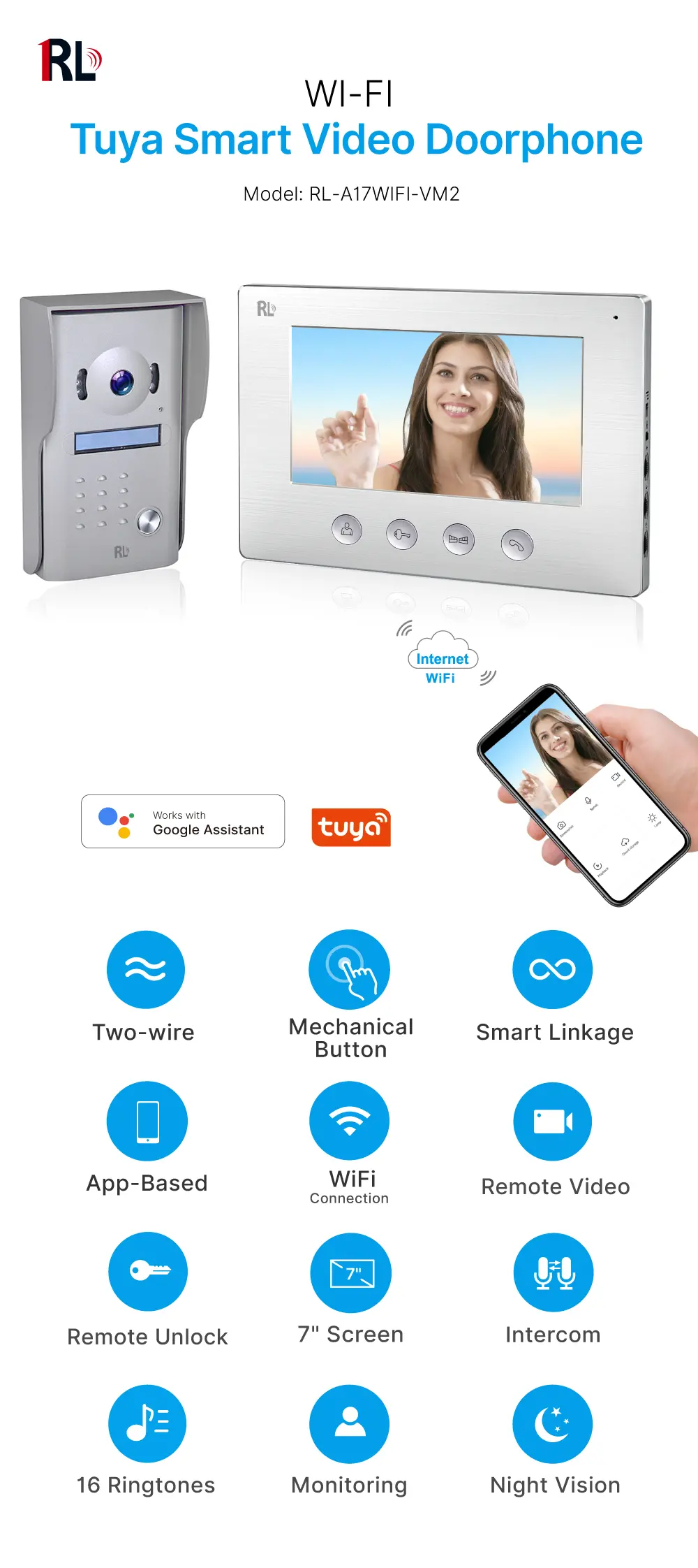 Video door phone, RL-A17WIFI-VM2, 2 wires, Tuya WiFi, 7&rdquo;TFT screen, 800*480, hands-free, lock release _01