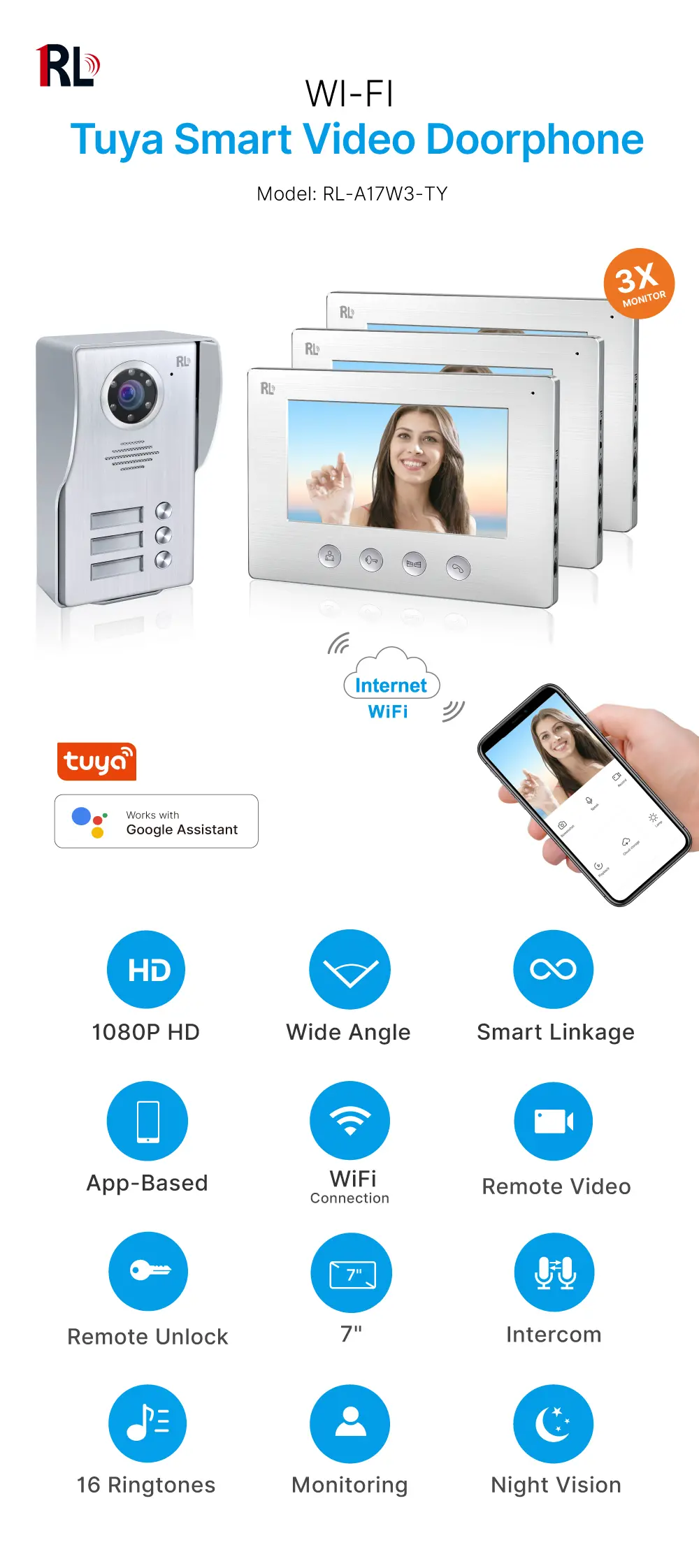 Video door phone, RL-A17W3-TY, 3 families, 4 wires, Tuya WiFi, 7&rdquo; AHD screen, 1024*600, 1080P HD camera, hands-free, lock release _01