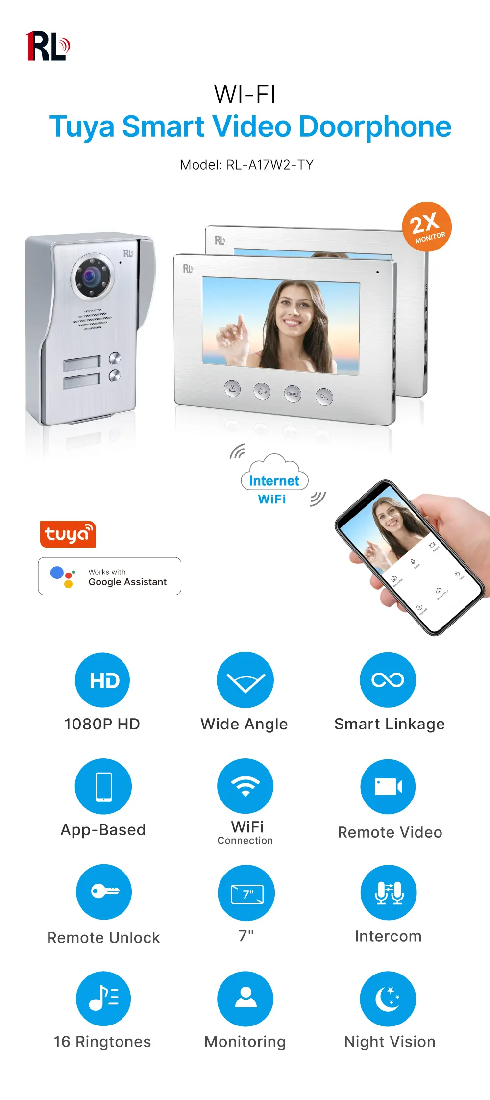 Video door phone, RL-A17W2-TY, 3 families, 4 wires, Tuya WiFi, 7&rdquo; AHD screen, 1024*600, 1080P HD camera, hands-free, lock release _01