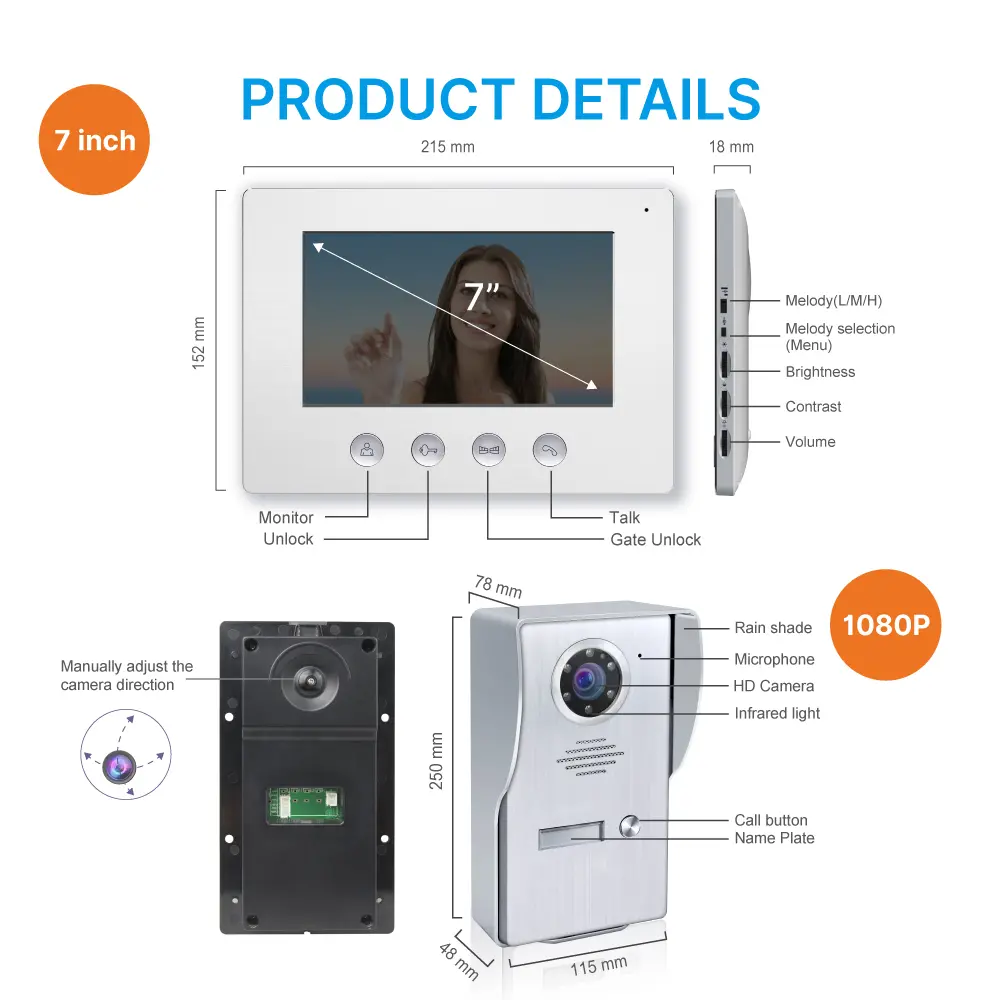 Video door phone, RL-A17W-TY, 1 family, 4 wires, Tuya WiFi, 7&rdquo; AHD screen, 1024*600, 1080P HD camera, hands-free, lock release _m2