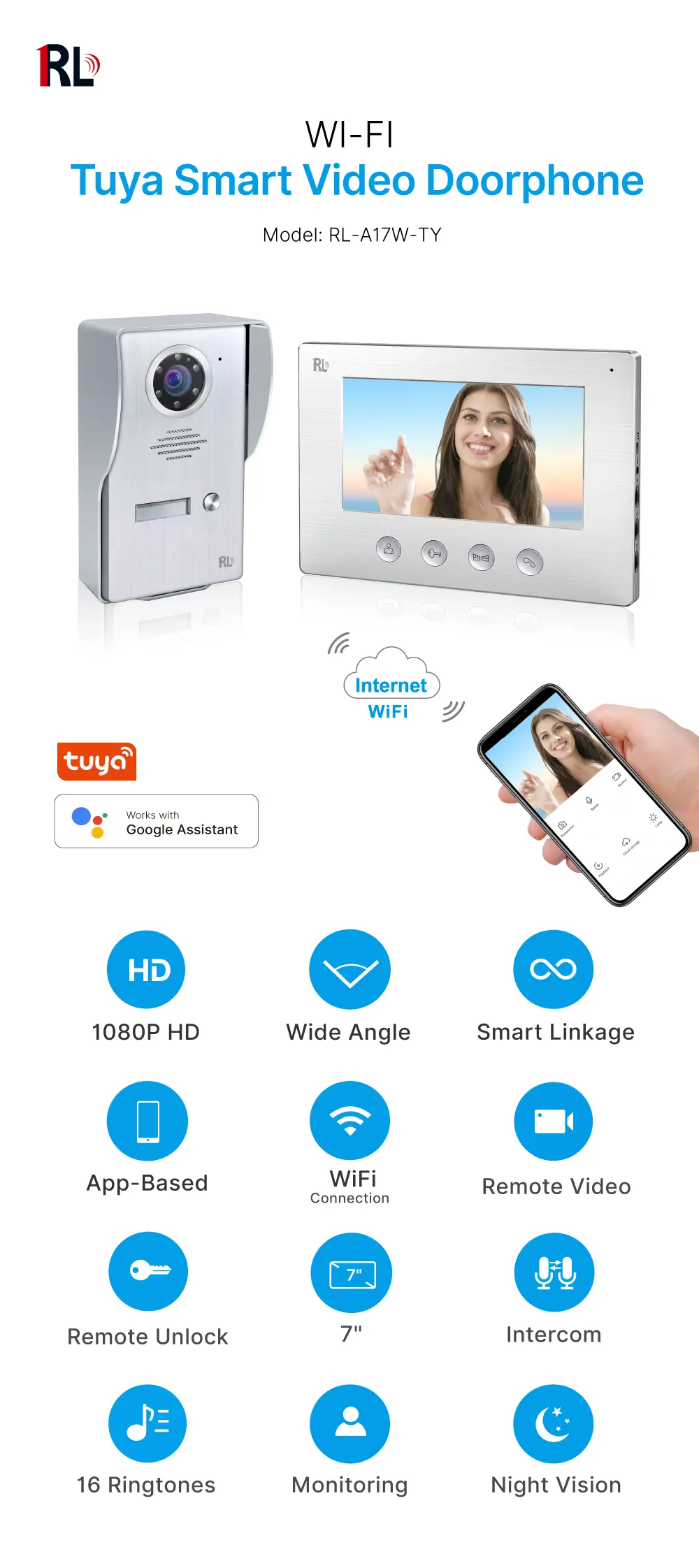 Video door phone, RL-A17W-TY, 1 family, 4 wires, Tuya WiFi, 7&rdquo; AHD screen, 1024*600, 1080P HD camera, hands-free, lock release _01