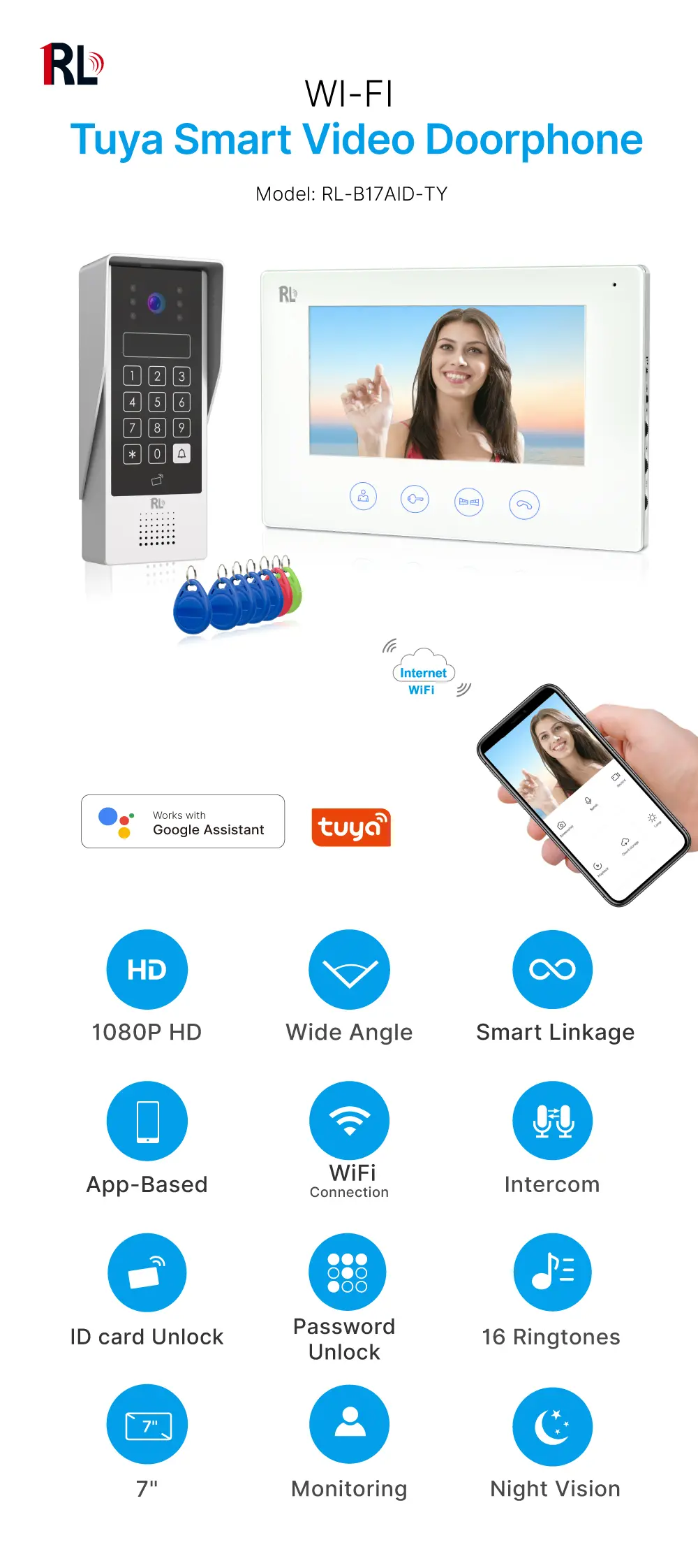 Video door phone, RL-B17AID-TY, 4 wires, Tuya WiFi, 7&rdquo; FHD screen, 1024*600, 1080P HD camera, hands-free, ID card unlocking _01