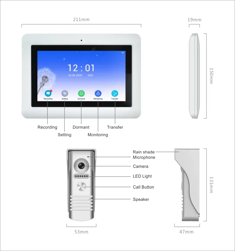 Video door phone, RL-T07F-WIFI, 4 wires, up to 4 indoor monitors, 2 outdoor units and 2 CCTVs, Tuya smart, 2.4GHz WiFi, 7&rdquo; touch screen, 1024*600, 1080P camera, hands-free, lock release10