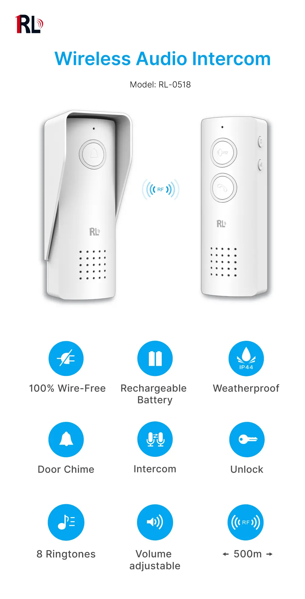 Wireless door phone, RL-0518, audio intercom, battery powered, 433 MHz, 8 ringtones, up to 3 indoor units _01