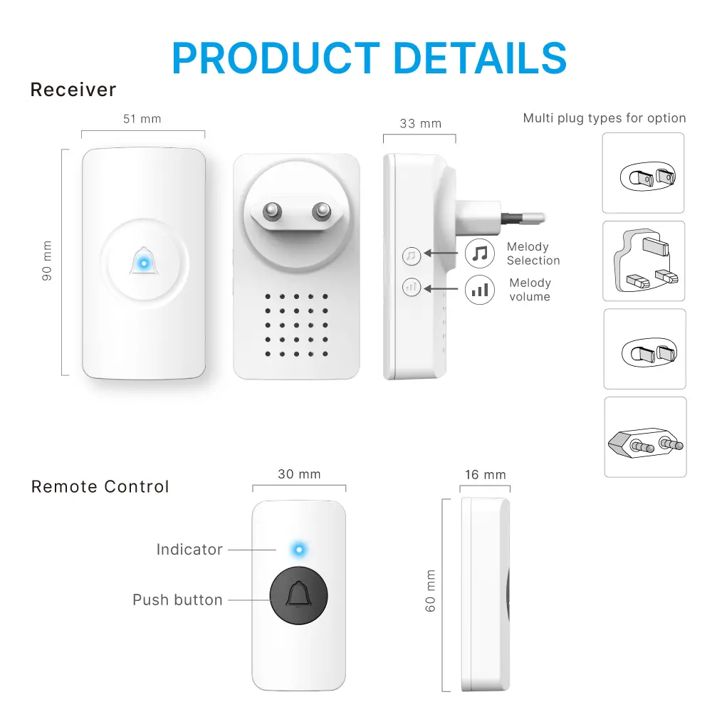 Wireless doorbell, door chime, RL-3880, AC power, anti-interference, 38 tunes/melodies/ringtones, 433MHz, 150 meters_09