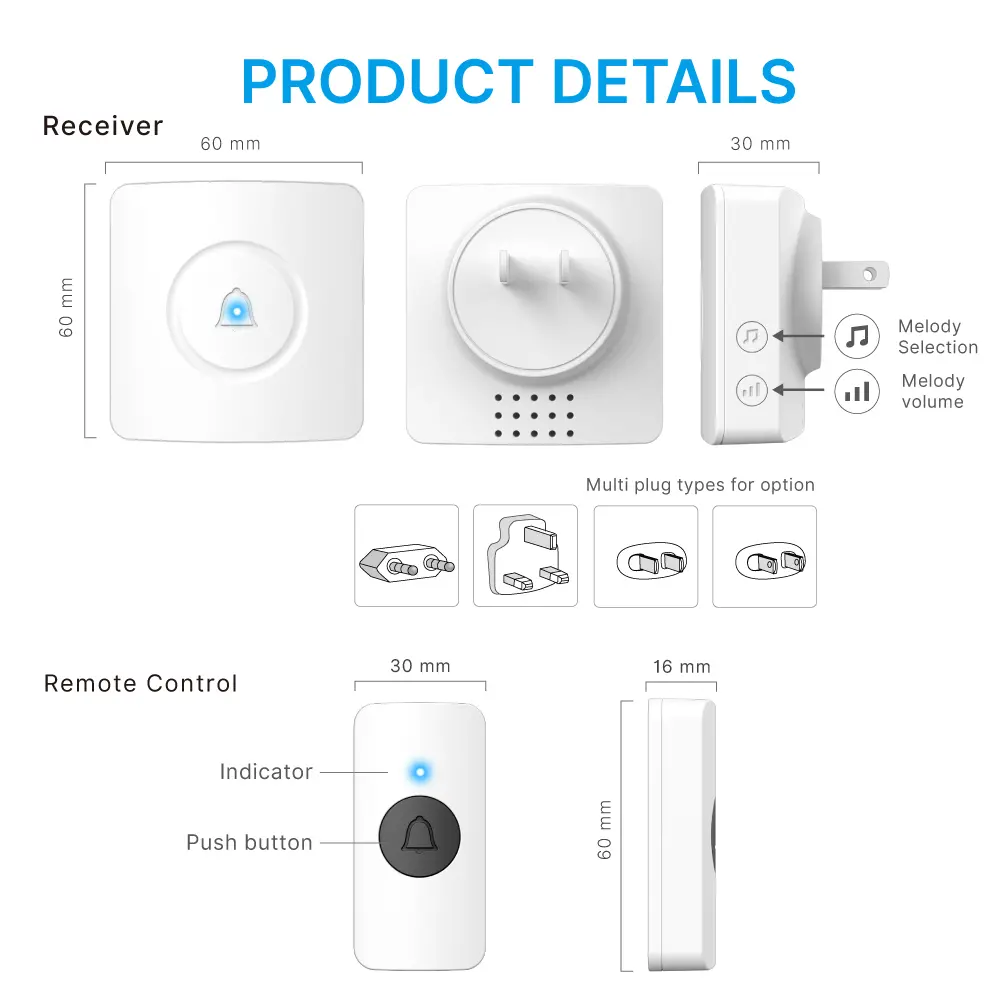 Wireless doorbell, door chime, RL-3881, AC power, anti-interference, 38 tunes/melodies/ringtones, 433MHz, 150 meters_09