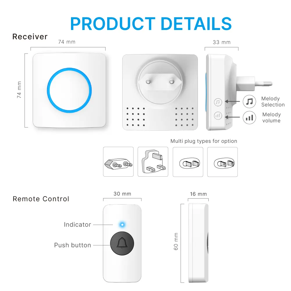 Wireless doorbell, door chime, RL-3882, AC power, anti-interference, 38 tunes/melodies/ringtones, 433MHz, 150 meters_09