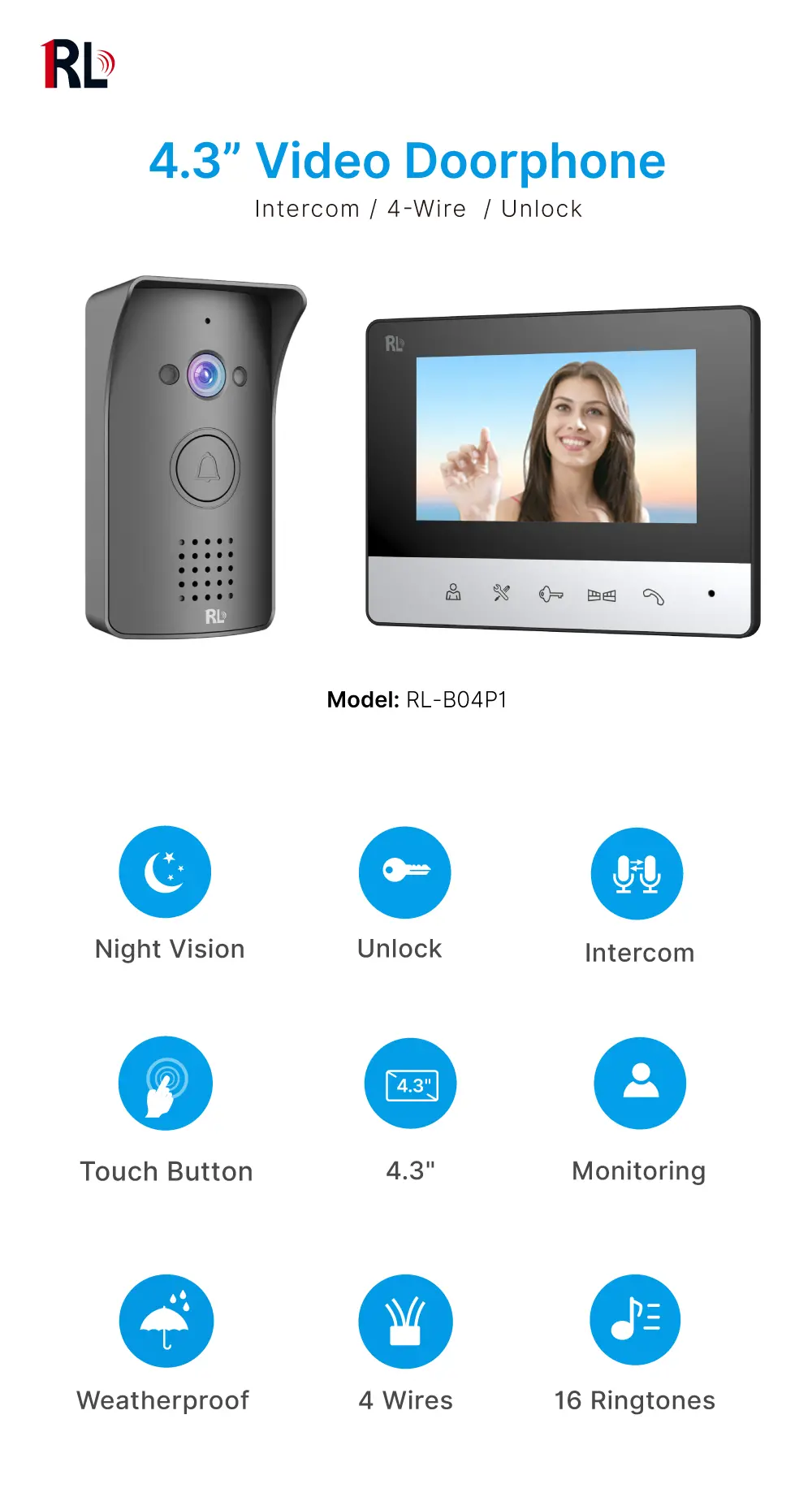 4.3&rdquo; Video Doorphone #RL-B04P1--4.3 inch TFT screen with widescreen images and no radiation, low power consumption but high defifinition. _01