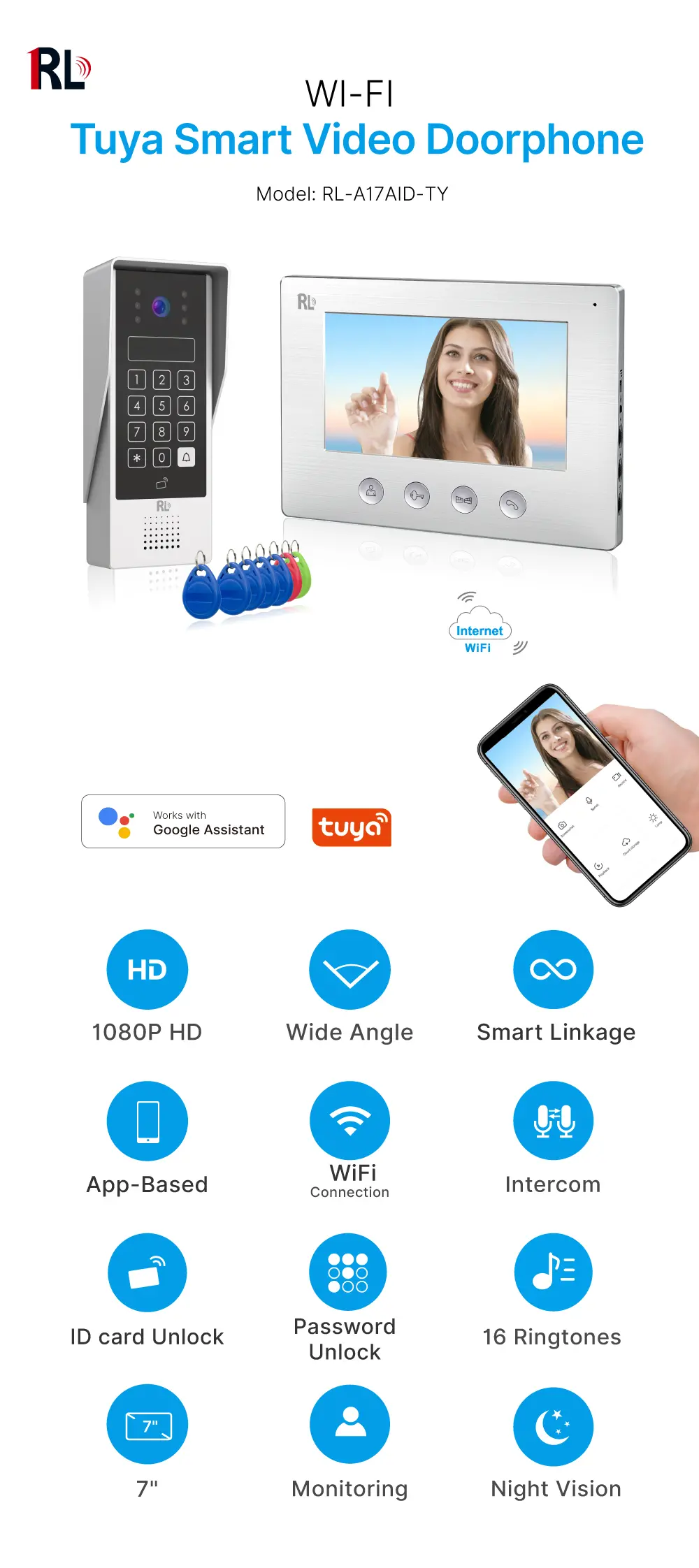 7 inch WIFI AHD Video Doorphone #RL-A17AID-TY - With the Tuya Smart APP - Two million pixels AHD camera.- Electric lock and gate lock connection. - ID card and user code unlocking_01