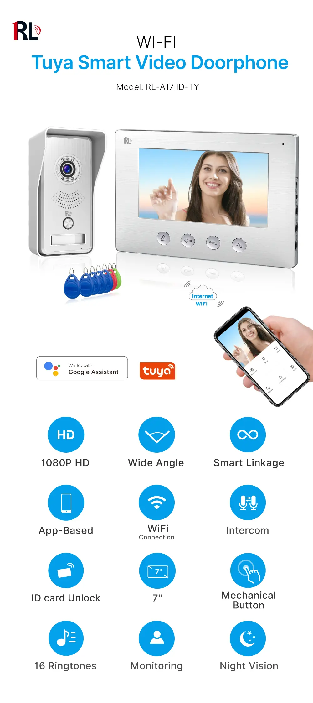 7inch WIFI AHD Video Doorphone #RL-A17IID-TY - With the Tuya Smart APP - Two million pixels AHD camera. - 16 melodies for option.- Electric lock and gate lock connection. - ID card unlocking._01