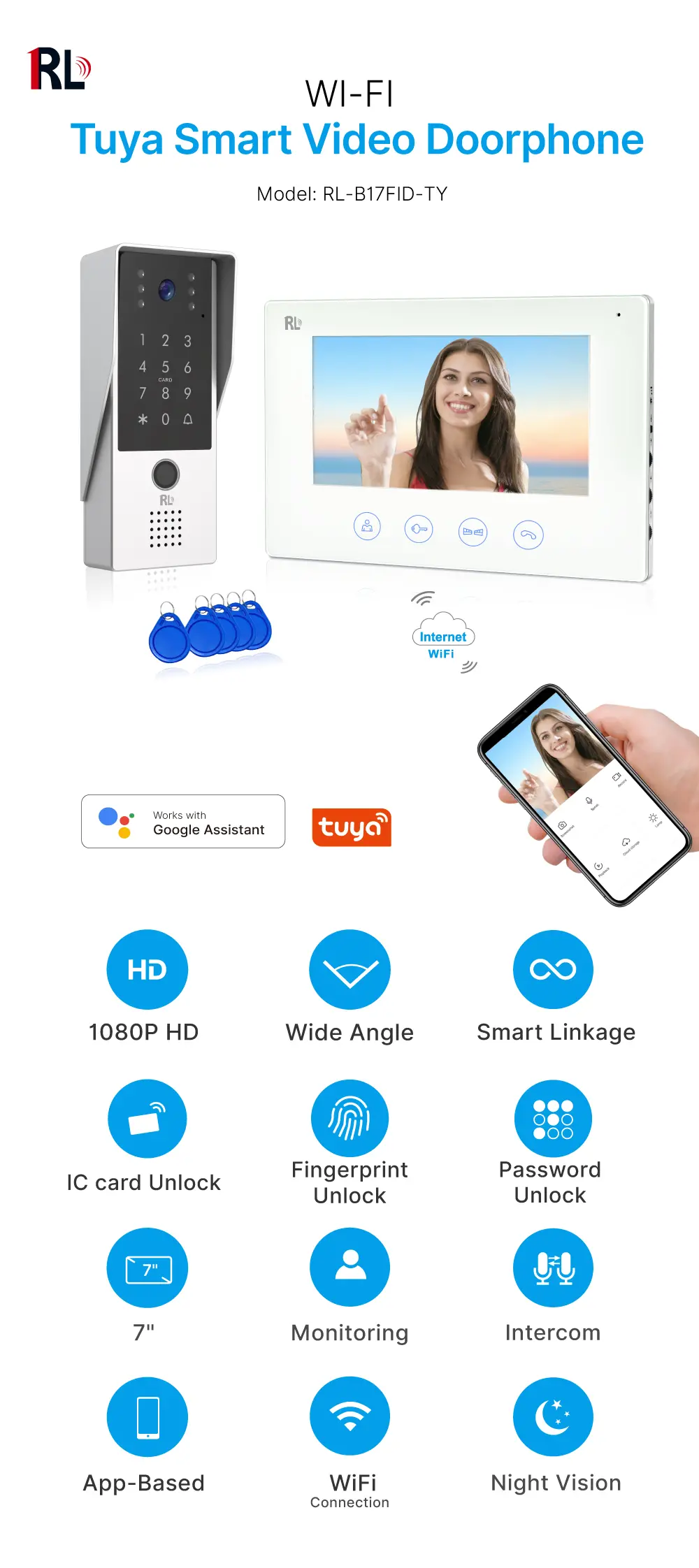 7 inch WIFI AHD Video Doorphone #RL-B17FID-TY - With the Tuya Smart APP- Two million pixels HD camera. - IC card/Fingerprint and user code unlocking. - Camera light compensation at night._01