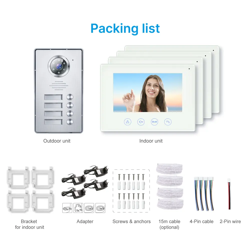 7 inch TUYA WIFI Smart Video Doorphone #RL-B17W4-TY - Easy 4-wire connection. - Support up to 4 flats. - Between indoor & outdoor units See, hear and speak to visitors from anywhere 1080P AHD Doorbell - Built-in Mega HD camera - Night Vision camera _12