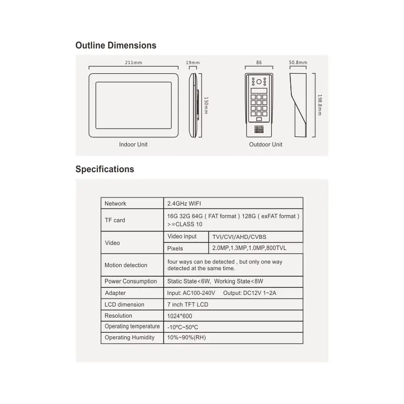 7 inch WIFI AHD Video Intercom System #RL-T07AID-WIFI - With TuyaSmart APP - Max. 2 million pixels AHD camera. - Max. 128G TF card - Support motion detection. - Voice message function. - Intercom between indoor units. - ID card and user code unlocking. 11