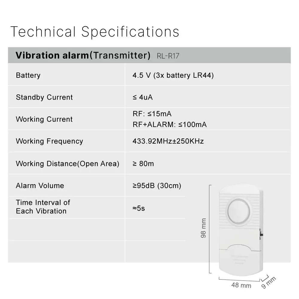 433MHz Wireless Alarm Kit #RL-9830G4 - Super loud (100dB) - 100% Wire-Free - Motion-Sensing - 100&deg; Wide Angle - Remote Control - Do it yourself - Easy to install - Built-in Shock Sensor_06