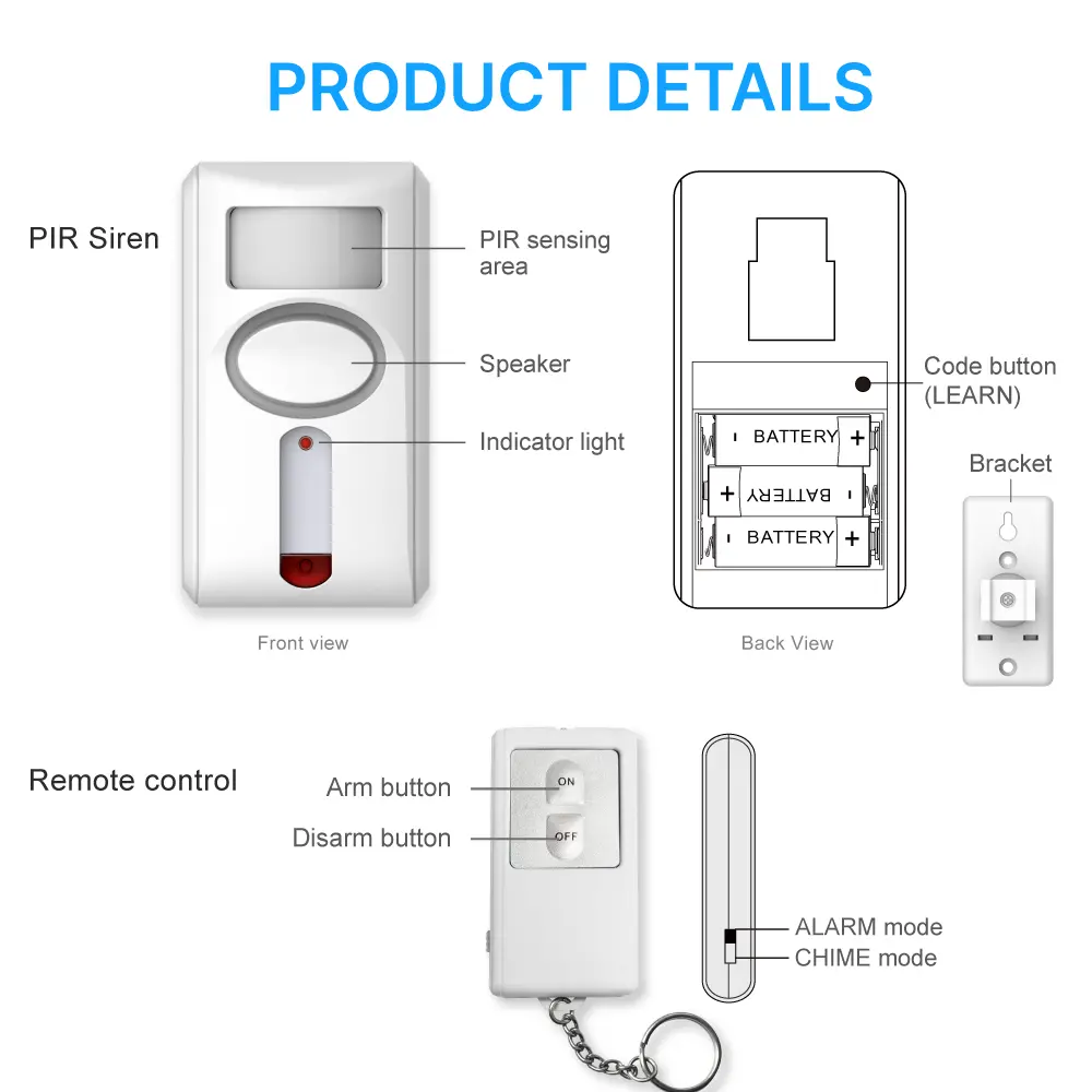 PIR Motion-Sensing Alarm #RL-9830W - 3*AA batteries - Siren - 100&deg; Wide Angle - Super loud (100dB) - Motion-Sensing_07