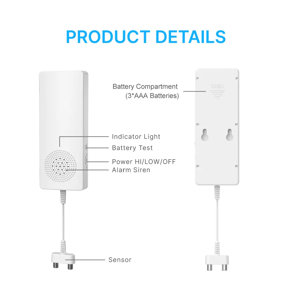 Water Leak Alarm #RL-9807B &middot; Alarm is triggered once water leakage or flooding is detected.&middot; Unique slim, weather resistant design.&middot; Omni-directional sensor for fast & accurate water detection.&middot; Battery testing button with low battery indication._04