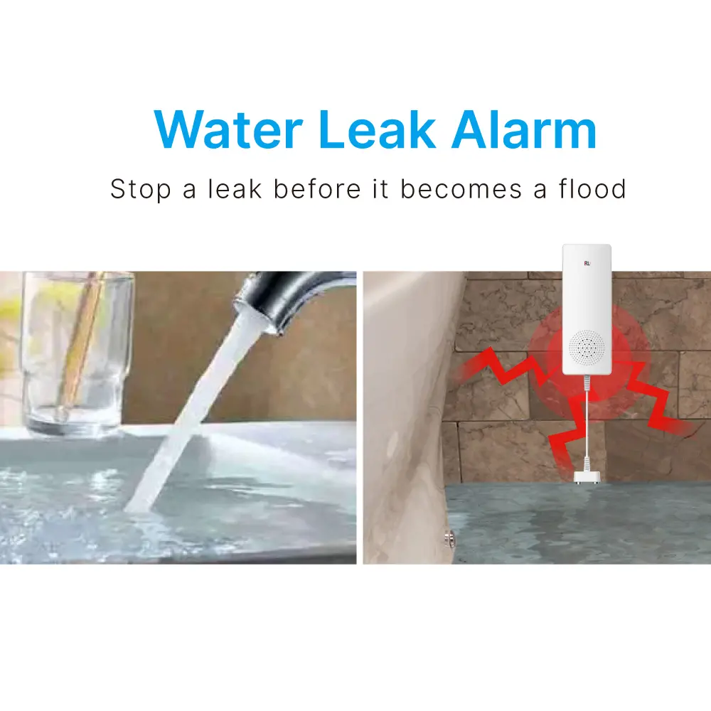 Water Leak Alarm #RL-9807B &middot; Alarm is triggered once water leakage or flooding is detected.&middot; Unique slim, weather resistant design.&middot; Omni-directional sensor for fast & accurate water detection.&middot; Battery testing button with low battery indication._02