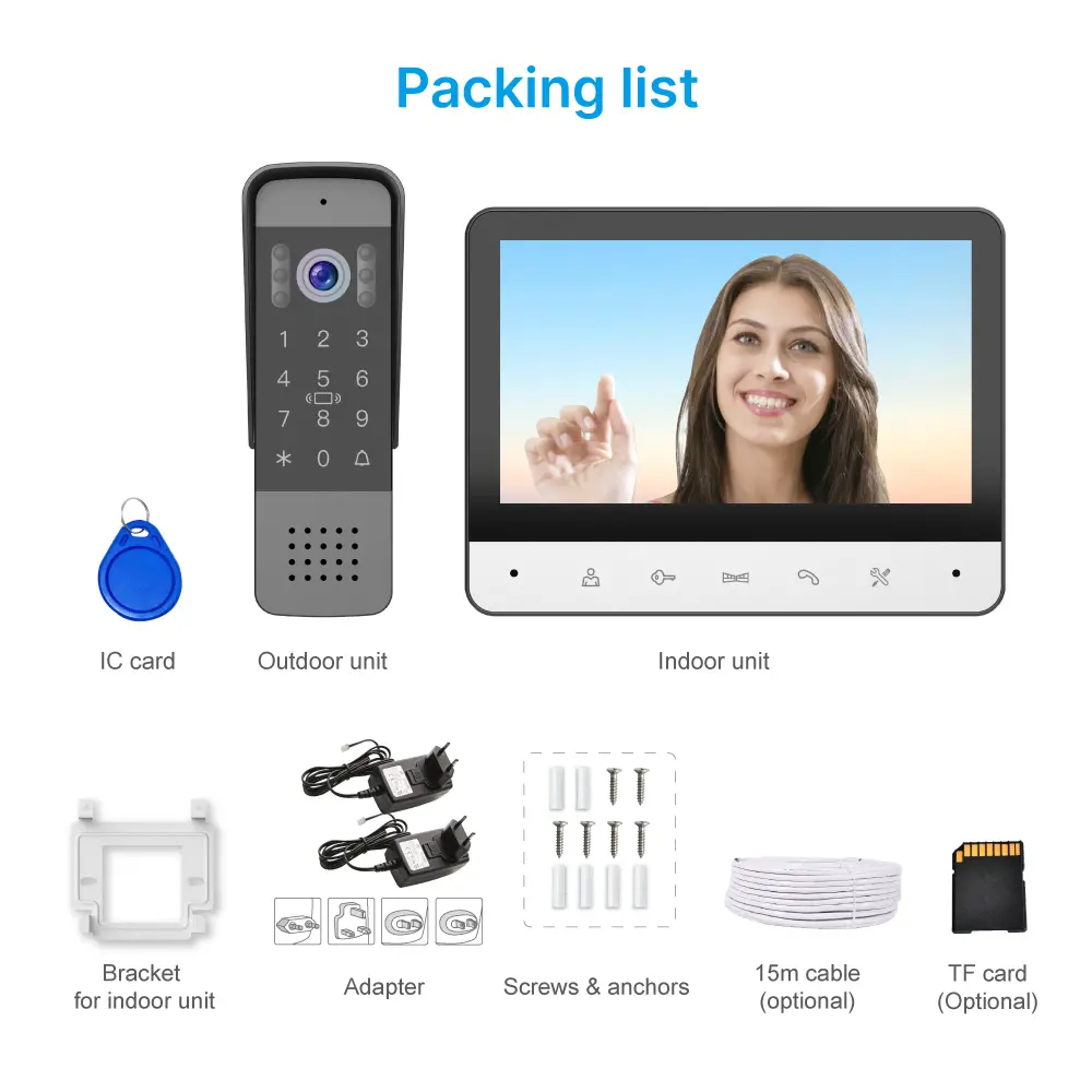 Tuya Smart 7 inch Video Doorphone #RL-B7BID-TY - Max. 64GB TF card.- IC card unlock, Password unlock.- Do not disturb function.- Max. 2 million pixels AHD camera.- Electric lock and gate lock release, unlock time can be set.- Capacitive touch buttons._16