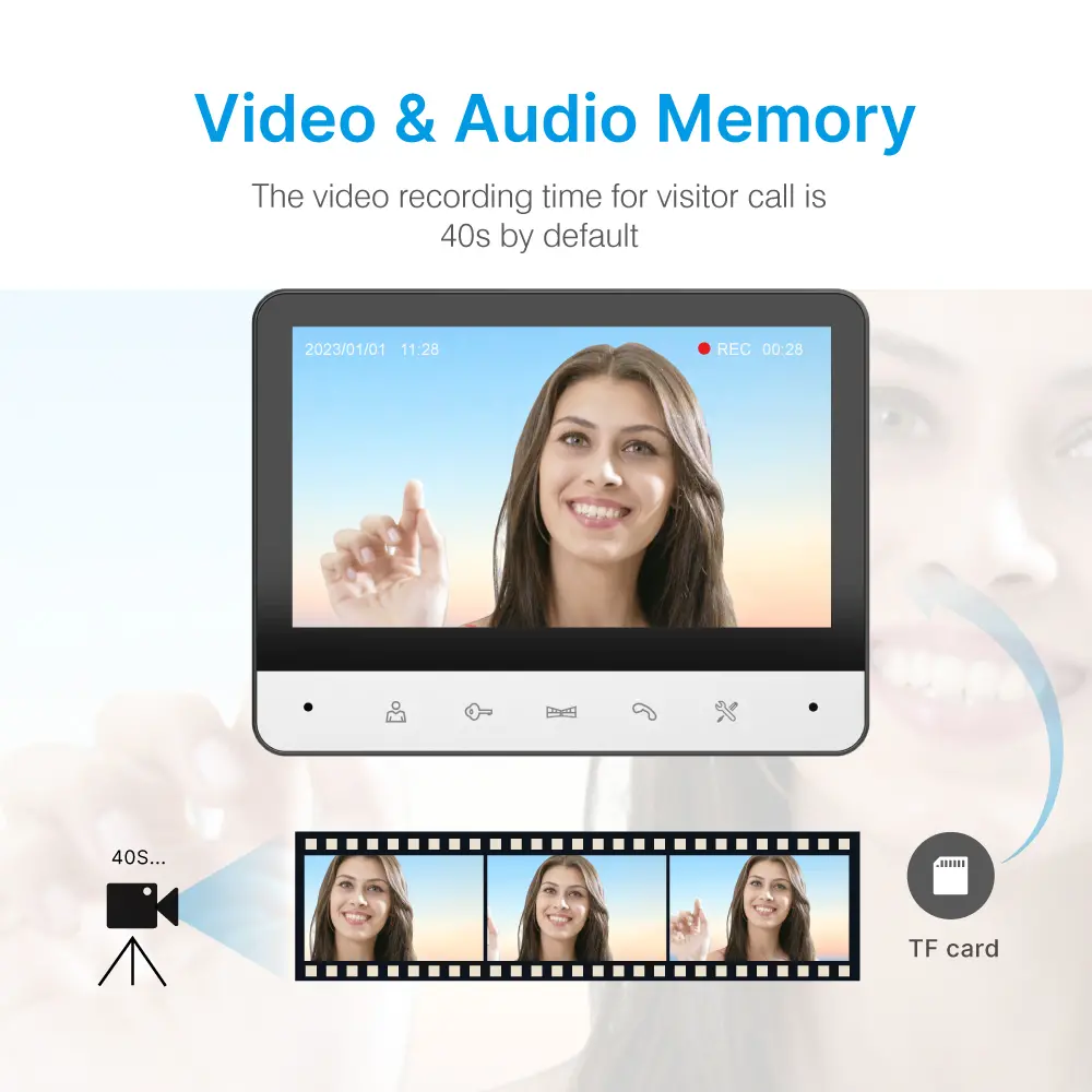 Tuya Smart 7 inch Video Doorphone #RL-B7BID-TY - Max. 64GB TF card.- IC card unlock, Password unlock.- Do not disturb function.- Max. 2 million pixels AHD camera.- Electric lock and gate lock release, unlock time can be set.- Capacitive touch buttons._05