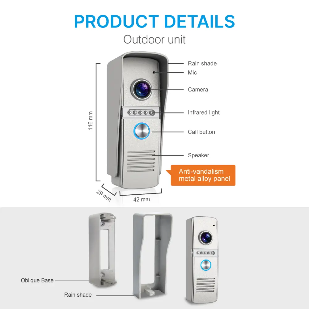 Take Photo 7inch Color Video Doorphone # RL-H07NPHA - Camera light compensation at night.- Release the electric lock and gate lock. - Monitor the outside. _08