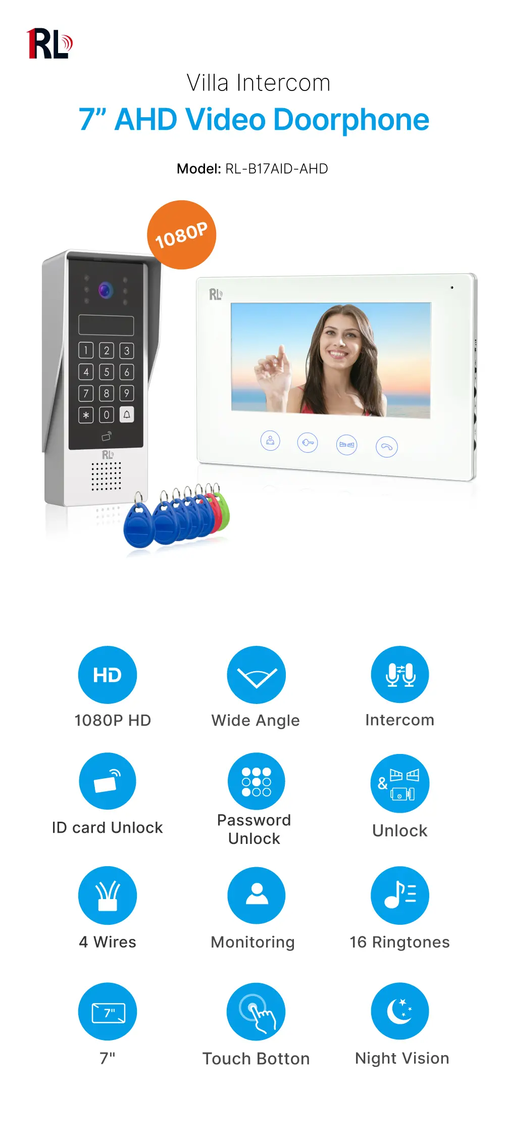 7 inch AHD Video Doorphone #RL-B17AID-AHD- Two million pixels AHD camera. - Keypad tone indicating. - Camera light compensation at night. - Release the electric lock and gate lock. - Release the electric lock by ID card, user code or exit button. _01