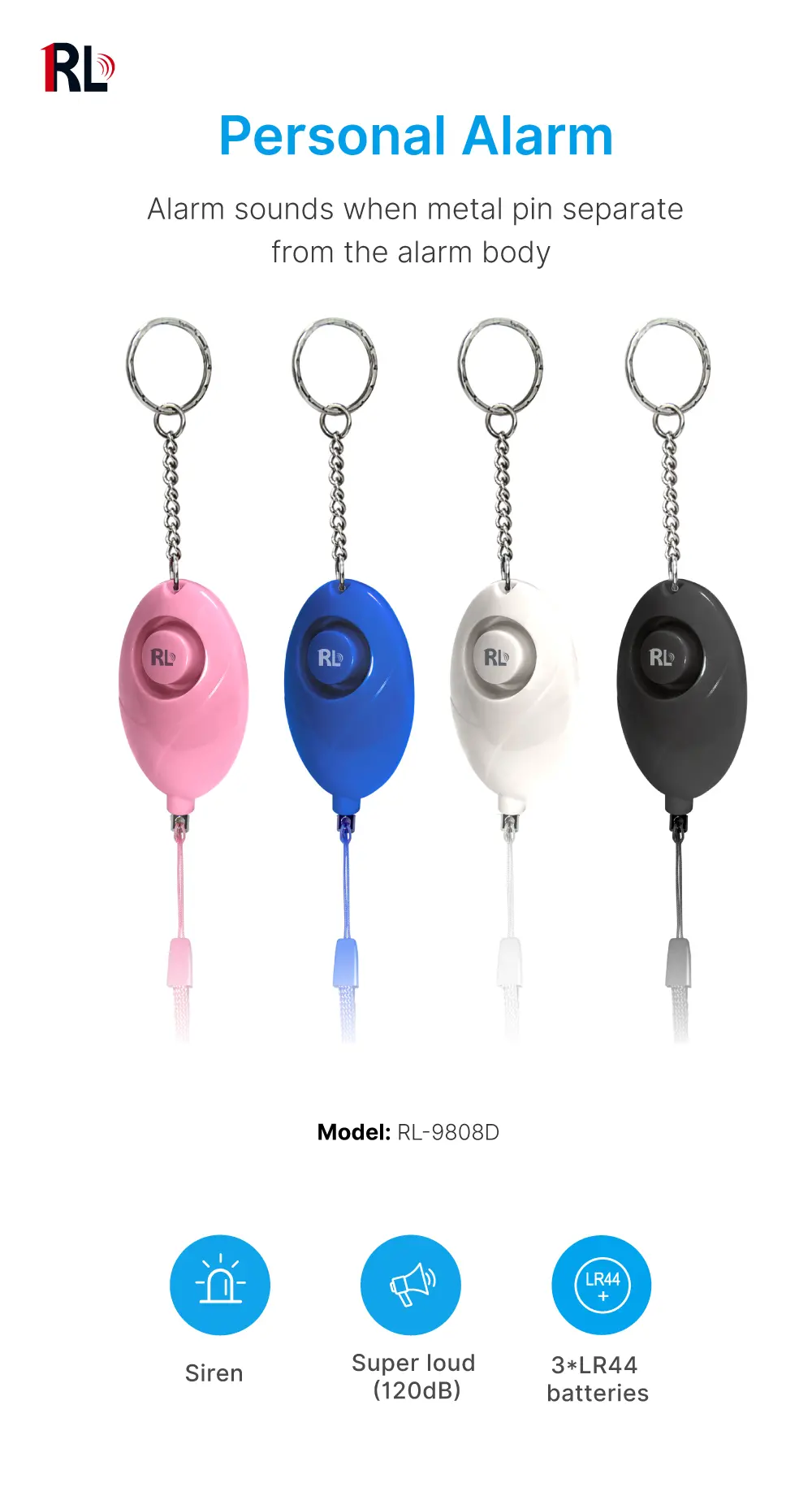 Personal Alarm #RL-9808D - Alarm sounds when metal pin separate from the alarm body - Super loud (120dB) - 3*LR44 batteries_01