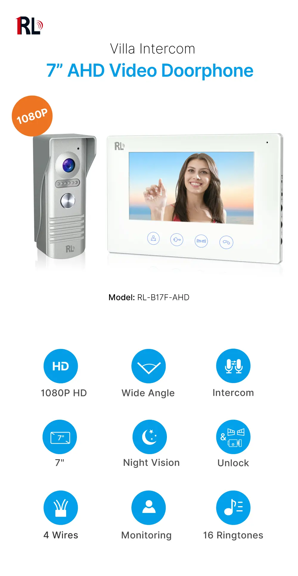 7 inch AHD Video Doorphone #RL-B17F-AHD- Camera light compensation at night. - Release the electric lock and gate lock. - Monitor the outside. - Two million pixels AHD camera.-Water-proof, _01