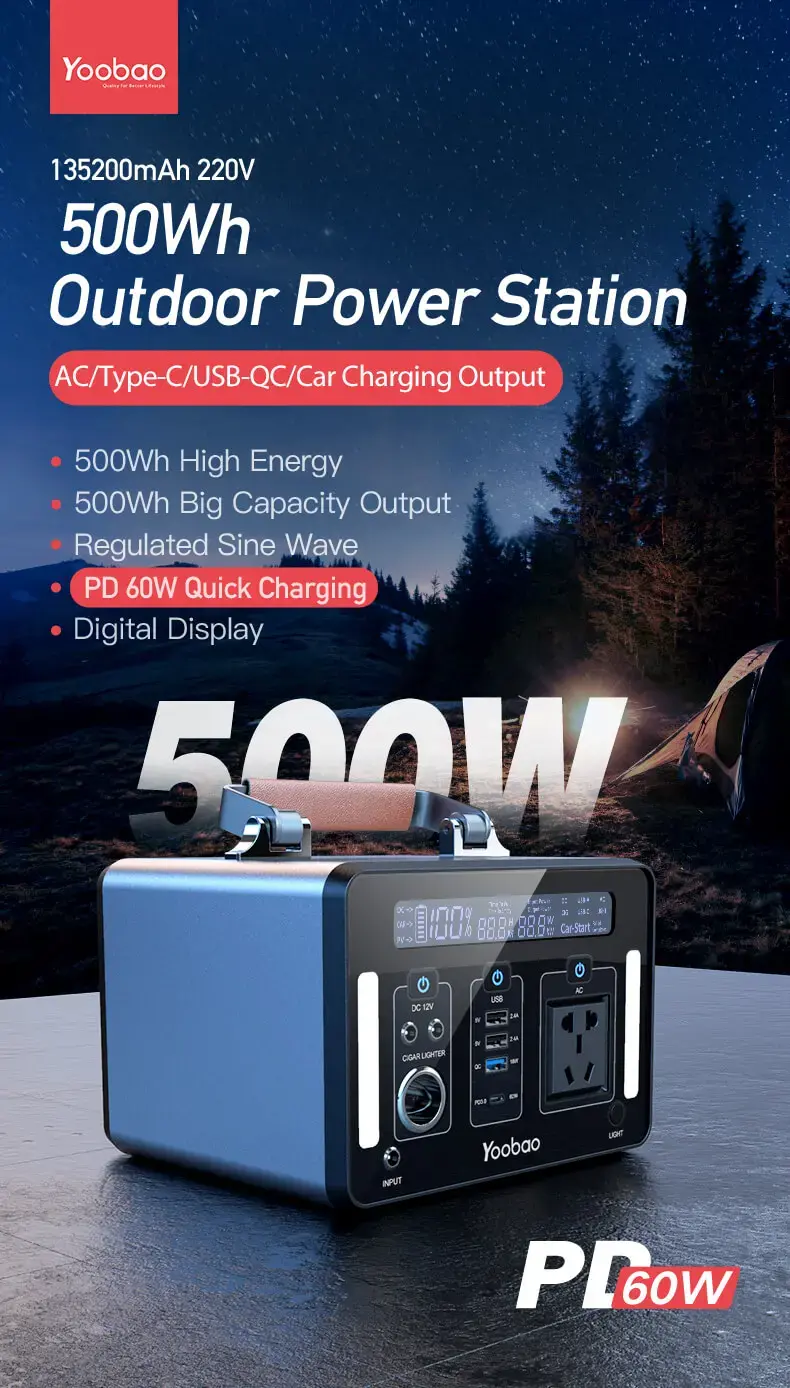 Yoobao En500 135200mah Pd Quick Charging Power Station Outdoor Camping Household Emergency High Capacity With Led Light
