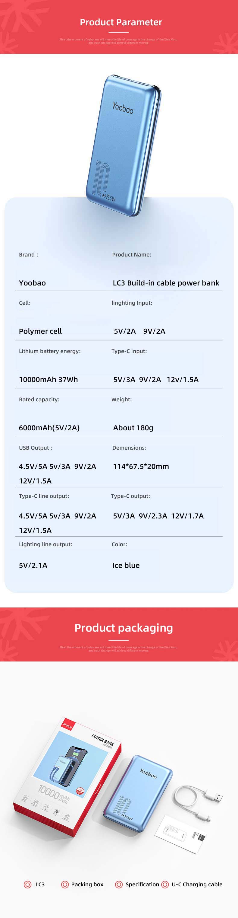 Yoobao Lc3 10000mah Built-in Double Cable Outdoor Emergency Power Banks Quick Charge Portable Power Bank