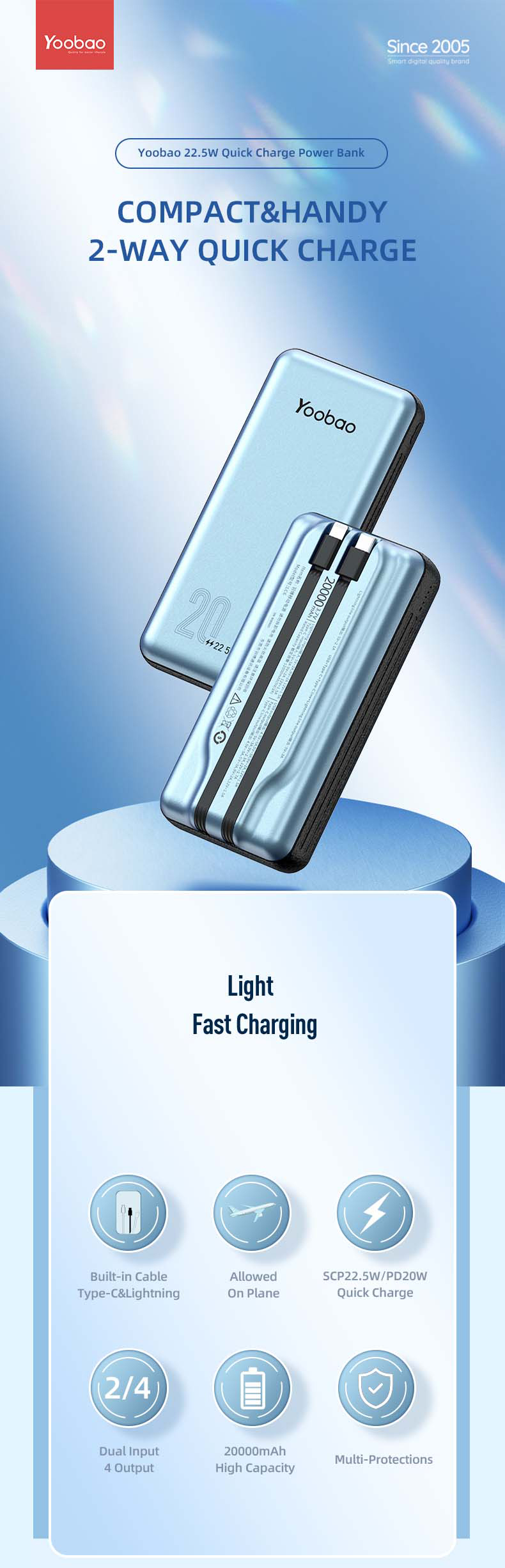 Yoobao 20000mah Lc6 Factory Customized Ultra-thin Built-in Cable Quick Charge Power Bank