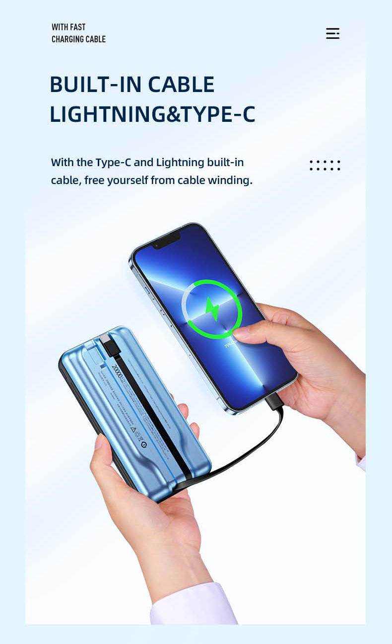 Yoobao 20000mah Lc6 Factory Customized Ultra-thin Built-in Cable Quick Charge Power Bank
