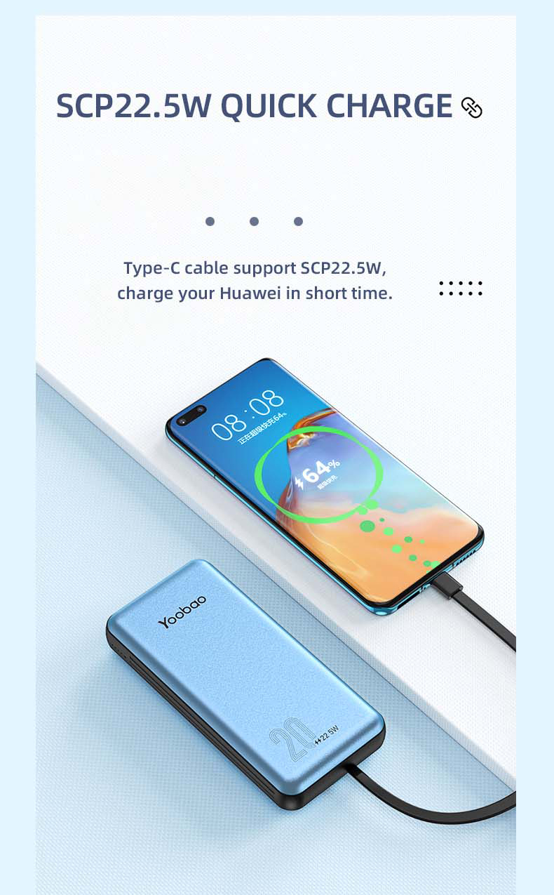 Yoobao 20000mah Lc6 Factory Customized Ultra-thin Built-in Cable Quick Charge Power Bank