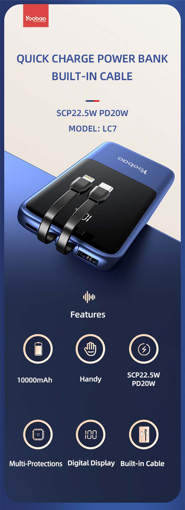 Yoobao Lc7 10000mah Built-in Cable Digital Display Charging Bank Outdoor Emergency Fast Charge Power Bank