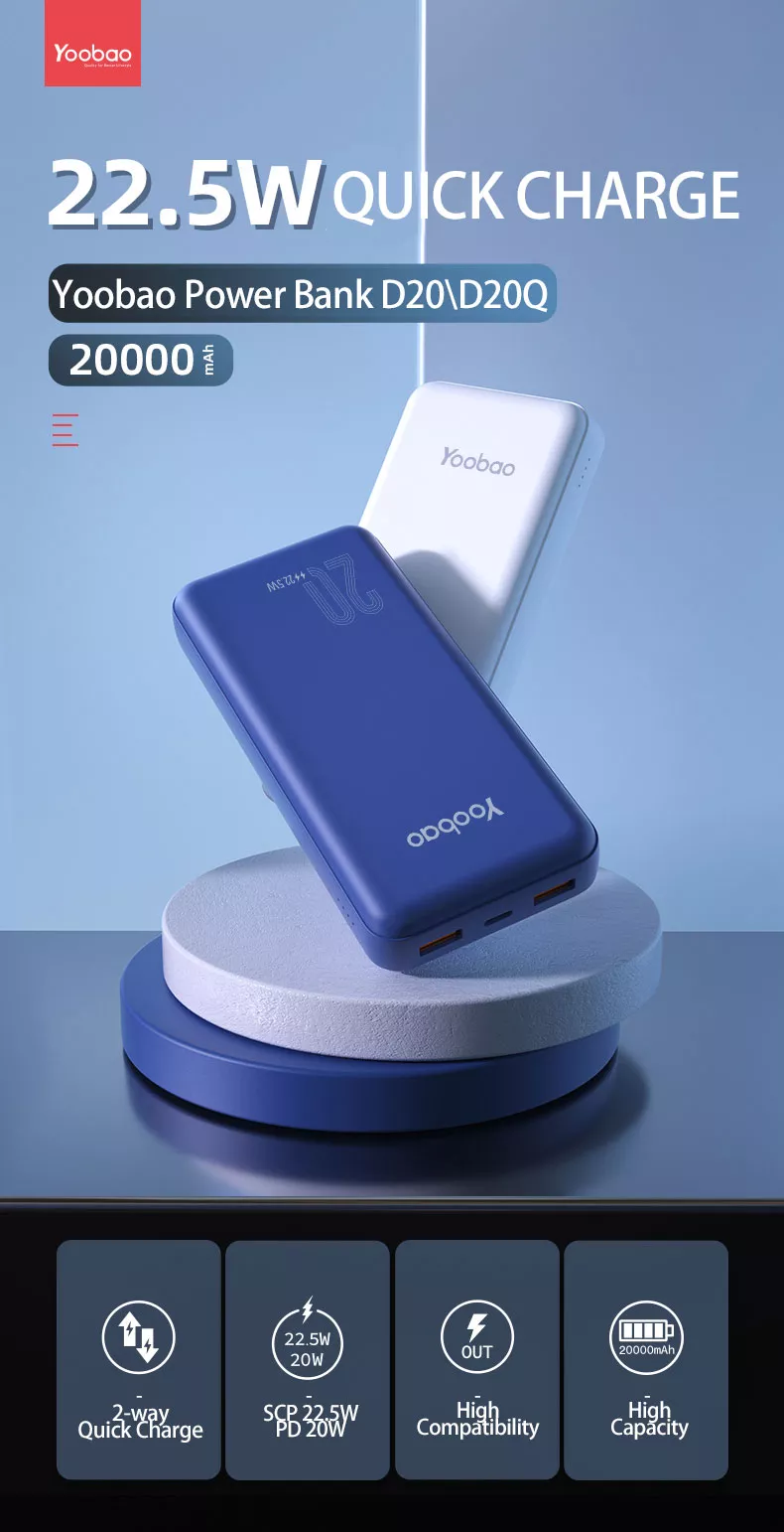Yoobao D20q Compact Pd Qc3.0 Scp Quick Charge 20000mah Large Capacity Dual Output Power Bank